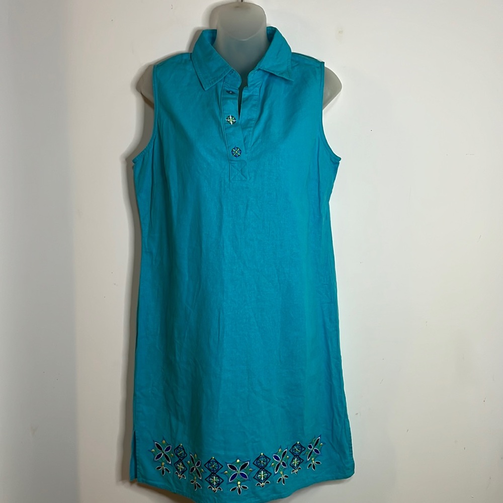 Carolina Colours Linen Blend Sleeveless Polo Dress Womens Size 8 Teal Midi